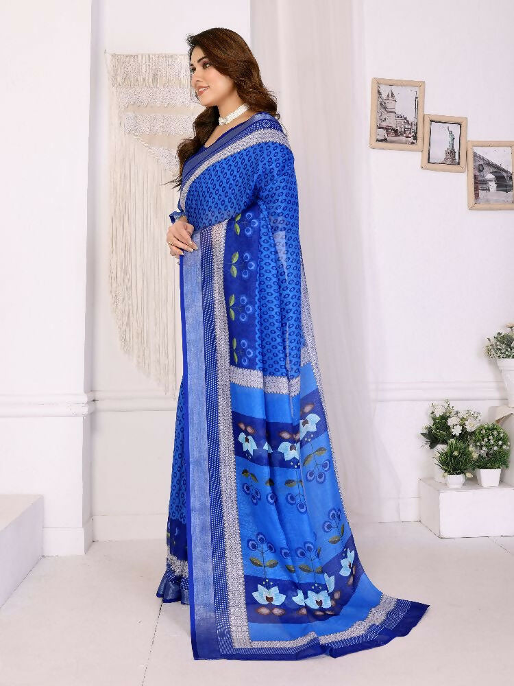 Blue Handloom Linen Cotton Zari Saree with Matching Blouse