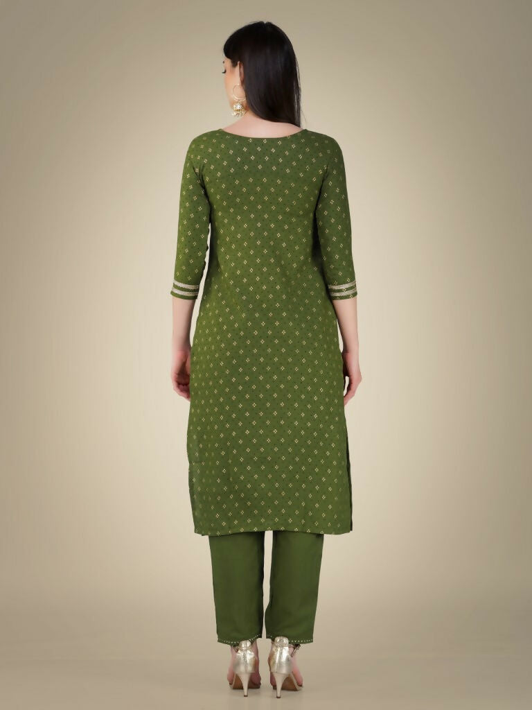 Mehendi Green Geometric Cotton Magic Slub Kurta Set with Gold