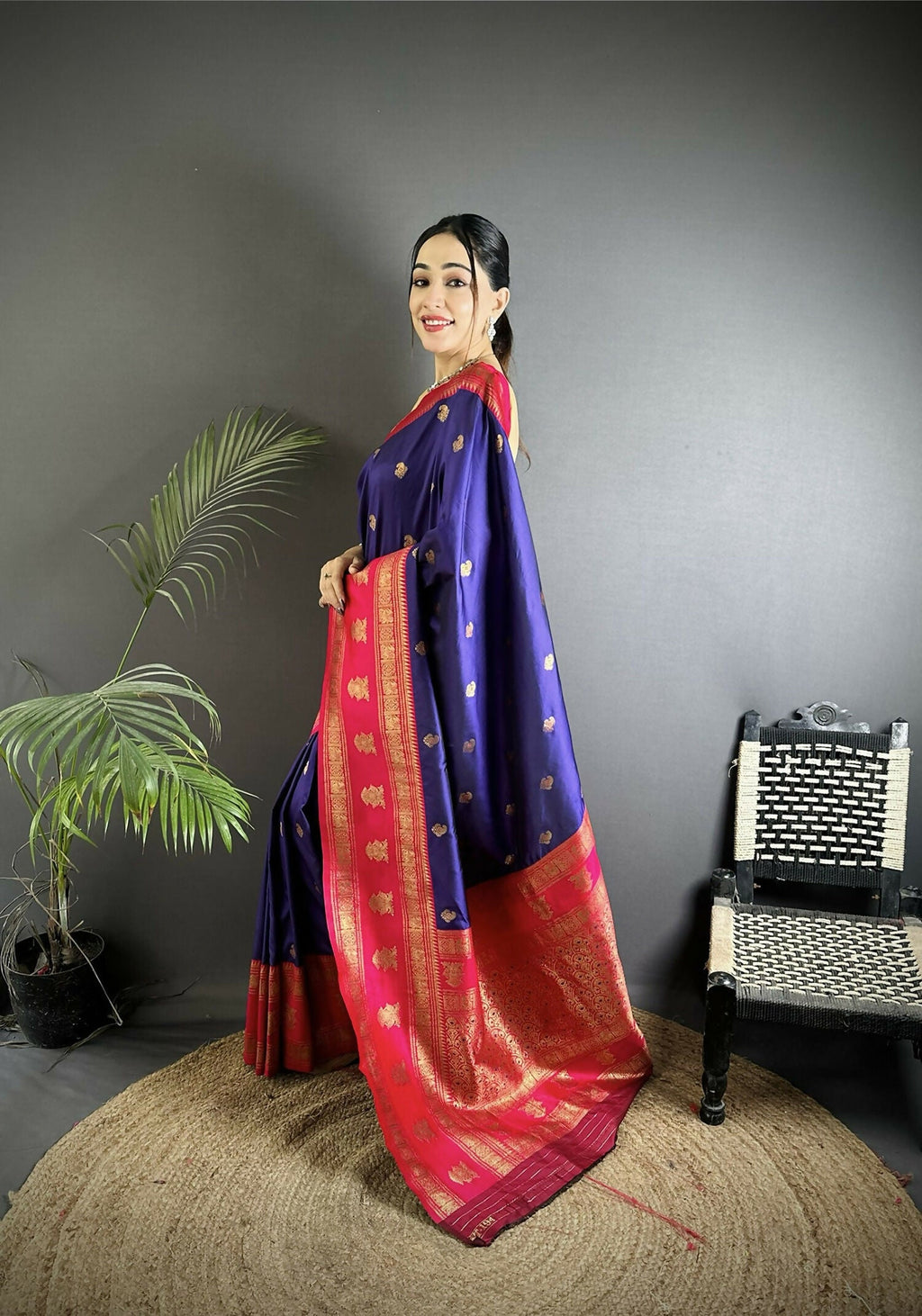 Navy Blue Banarasi Soft Silk Woven Butti Saree
