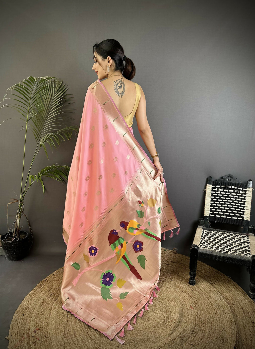 Light Pink Soft Silk Kanchipuram Saree with Peacock Floral Motifs