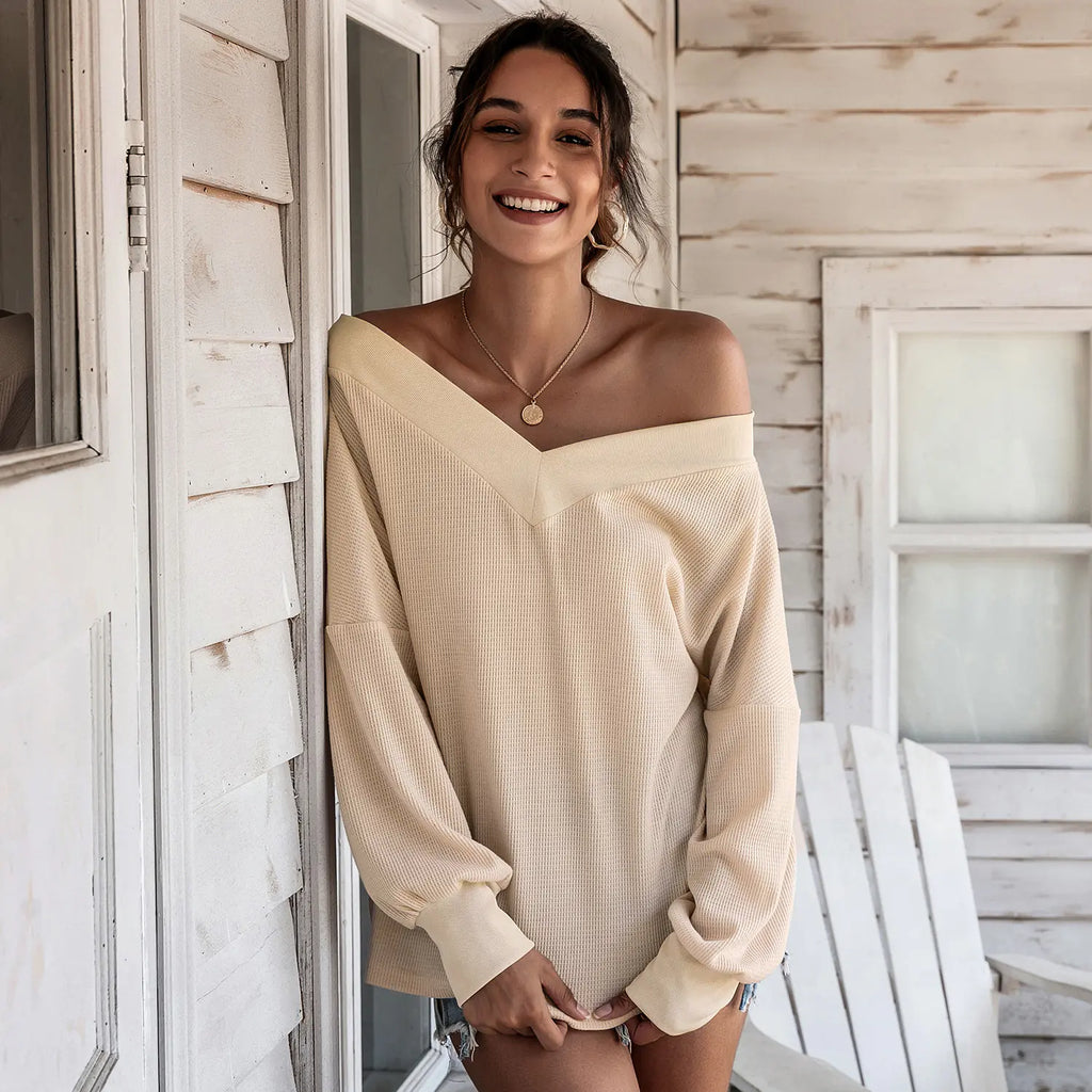 Women's Loose V-Neck Long Sleeve Waffle Knit Pullover Top - Image 2