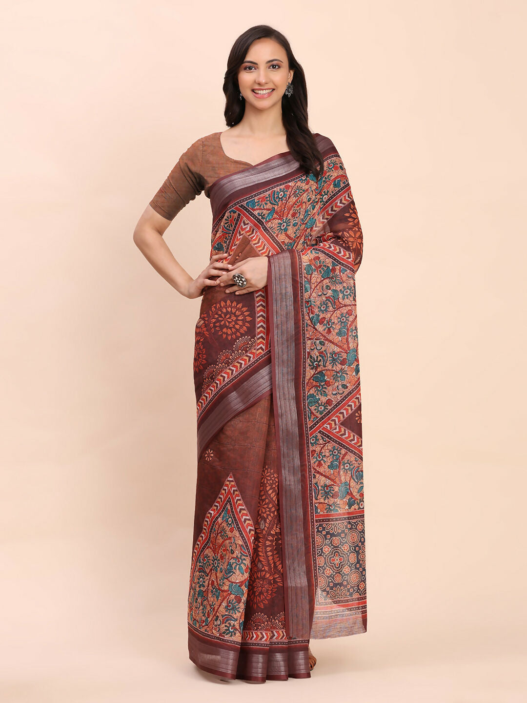 Elegant brown linen cotton saree with matching blouse fabric drape
