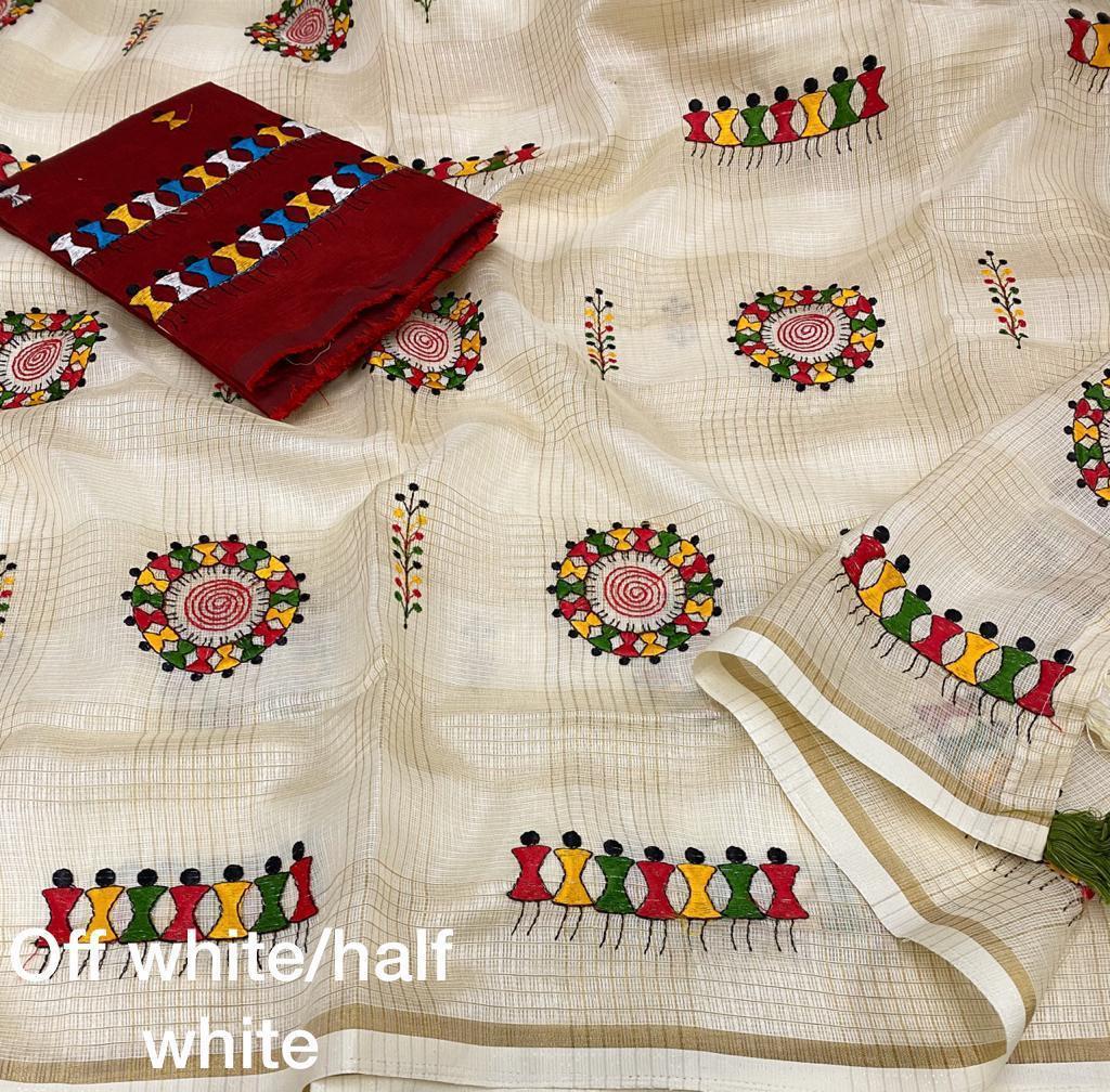 Cream Cotton Blend Warli Saree with Mulberry Silk Blouse