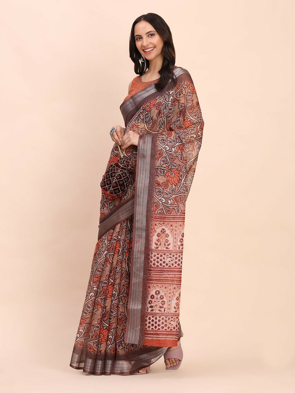 Linen Cotton Brown Saree with Orange Blouse