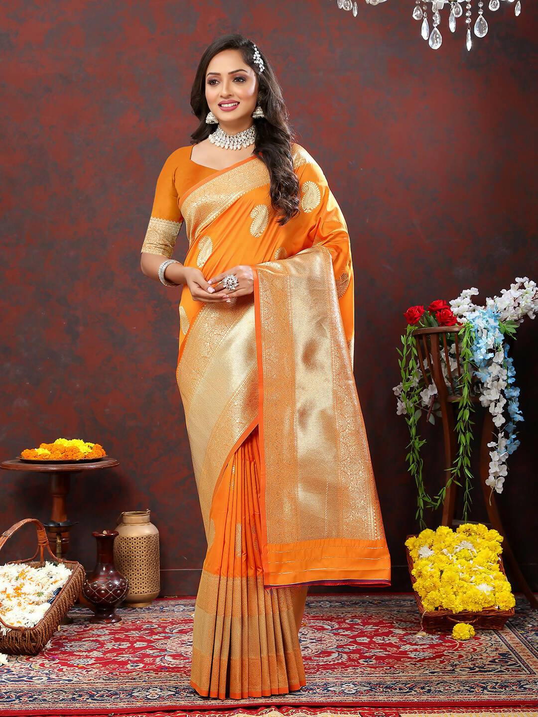 Orange Soft Silk Saree with Traditional Gold Zari Woven Design