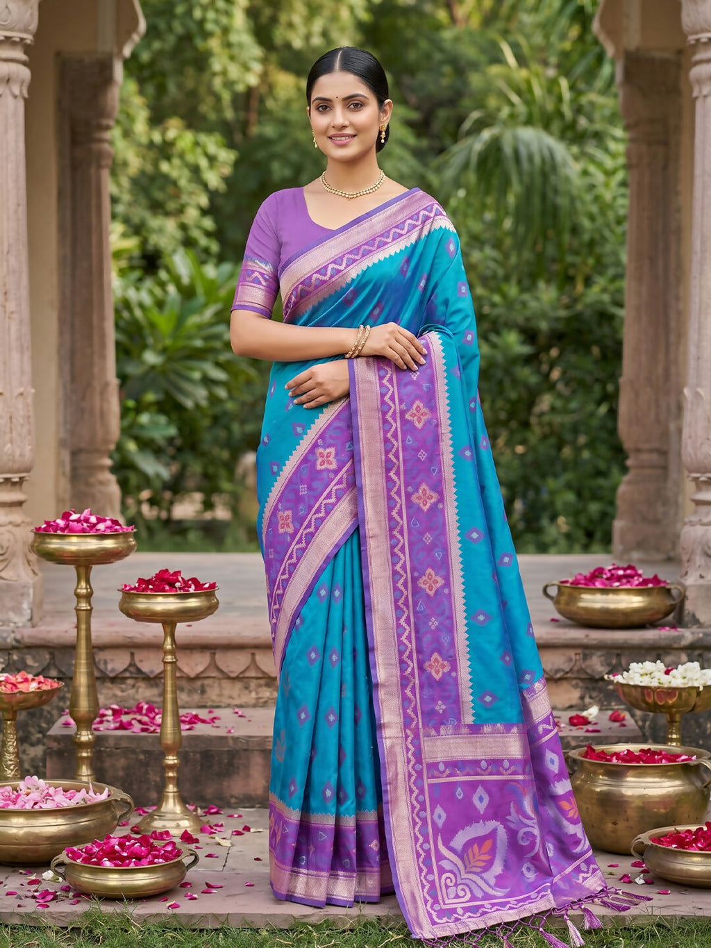 Elegant Rama Blue soft silk saree with matching blouse piece draped beautifully