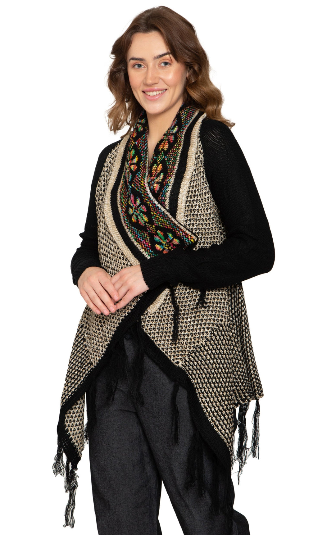 Women's Fringed Jacquard Long Cardigan Open Front Knit Sweater