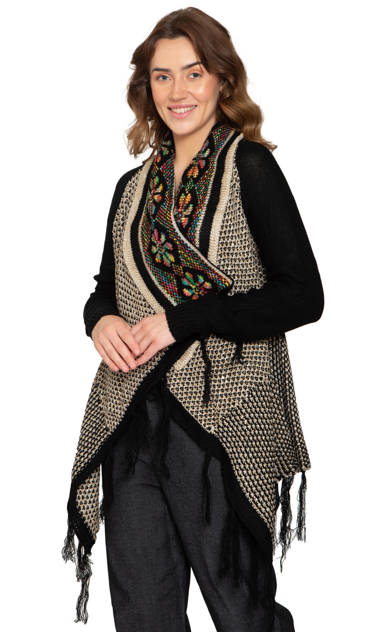 Women's Fringed Jacquard Long Cardigan Open Front Knit Sweater