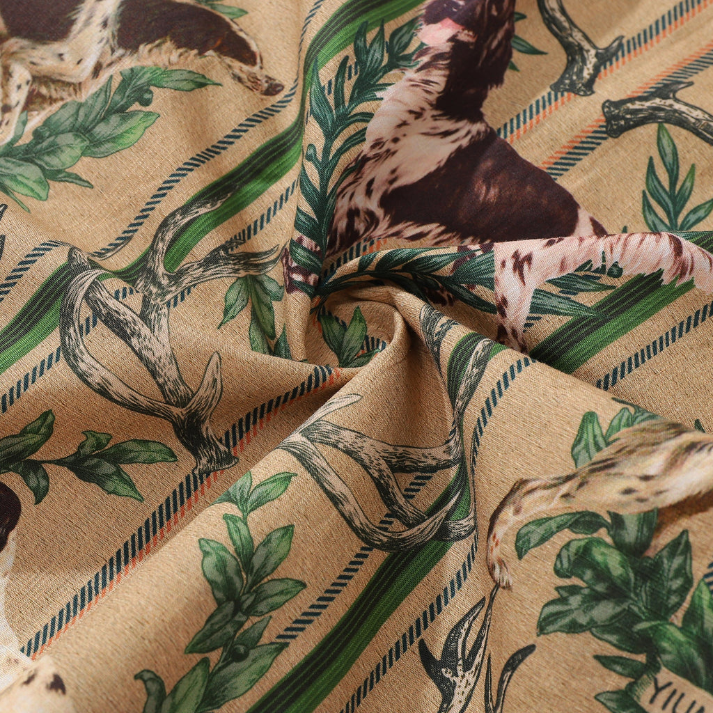 Vintage Outdoorsy Dog Print Hawaiian Shirt in Tan, Brown, Green