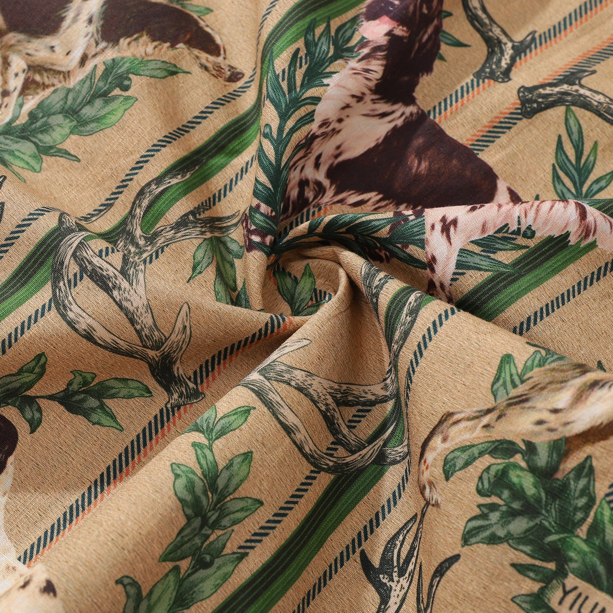 Vintage Outdoorsy Dog Print Hawaiian Shirt in Tan, Brown, Green