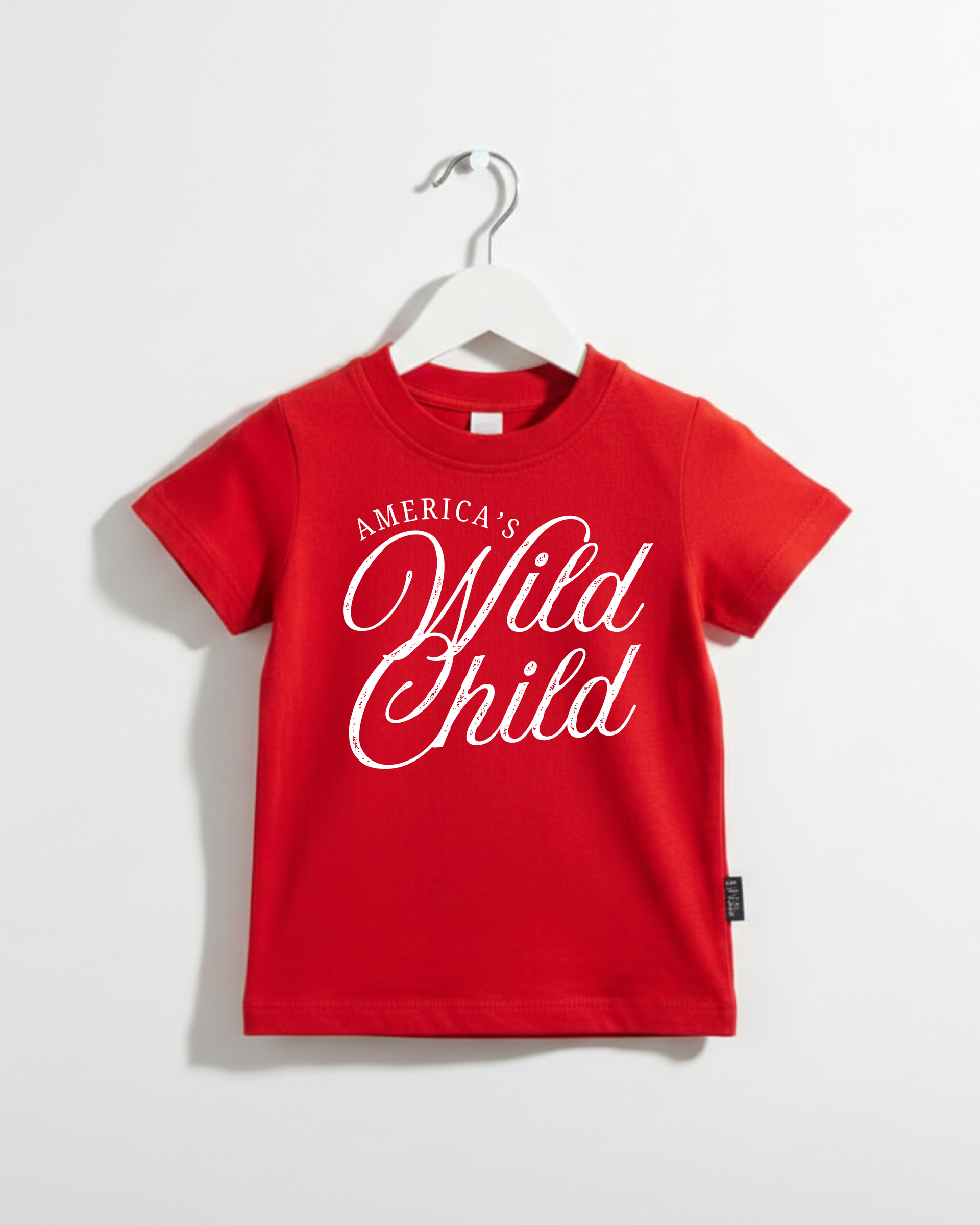 Kids wearing America's Wild Child patriotic graphic tee in red, white, and blue.