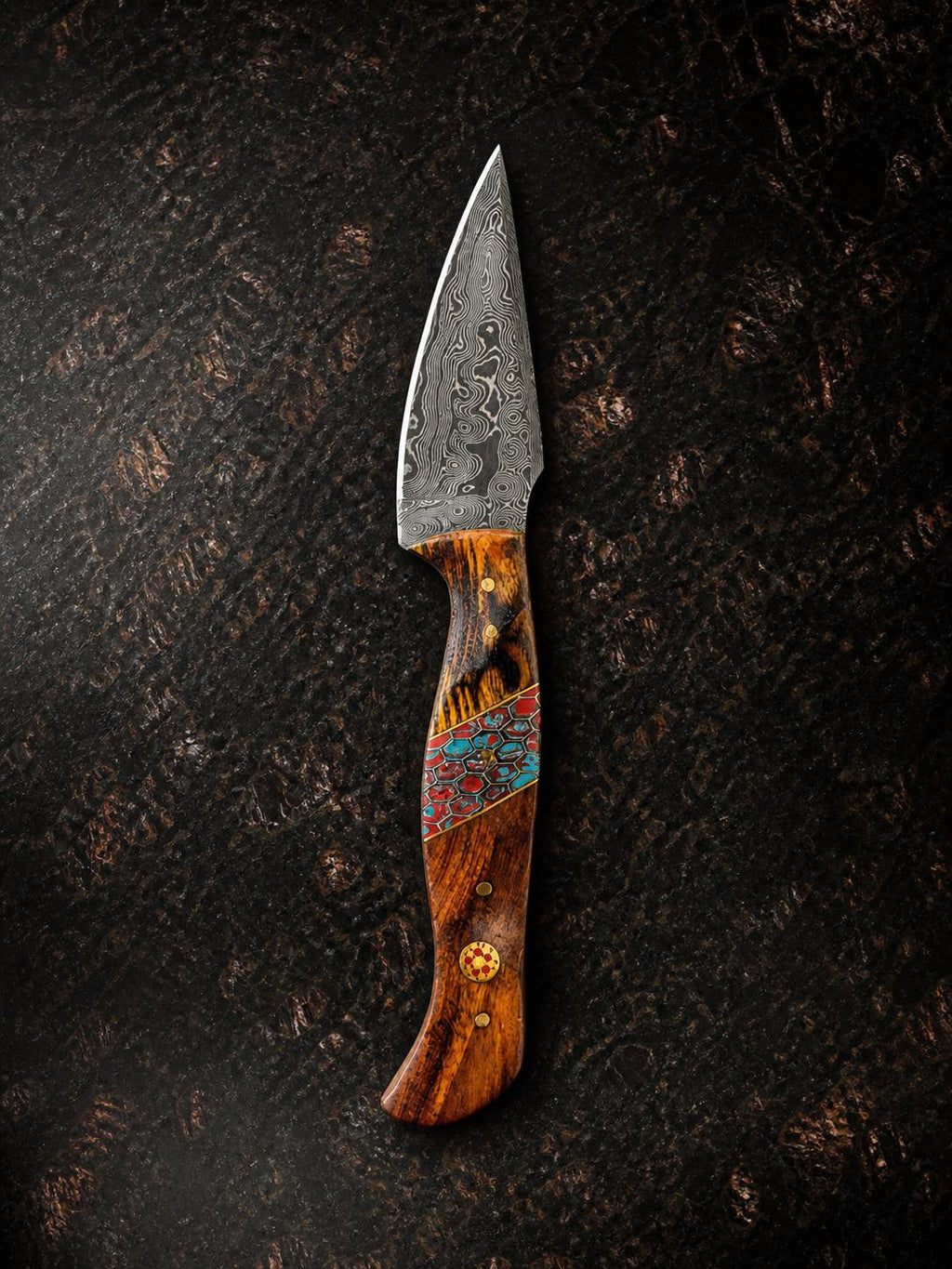 Painted Mesa Damascus Hunting Knife with Rosewood Mosaic Handle