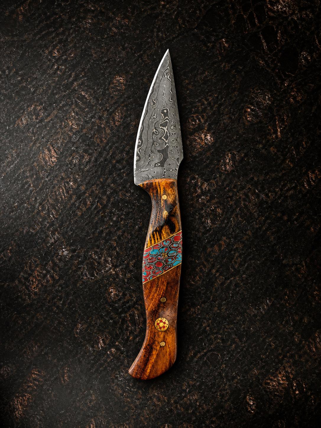 Painted Mesa Damascus Hunting Knife with Rosewood Mosaic Handle