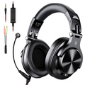 Professional gaming headset in black and red with illuminated RGB LED accents and microphone.