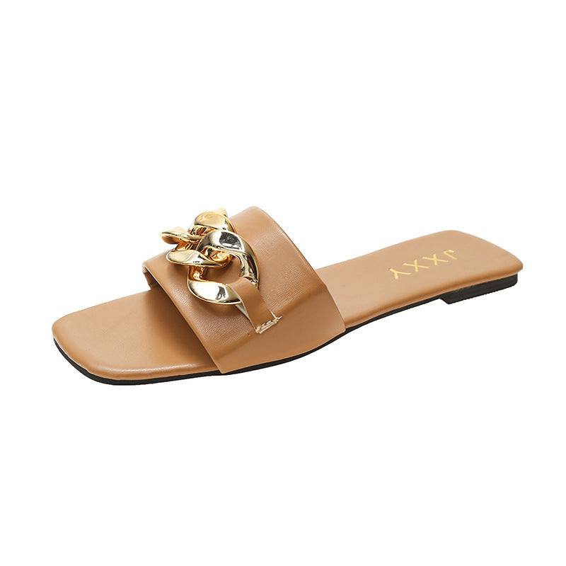 Gold Chain Detail Closed Toe Mules Flat Square Head Slip On Slides