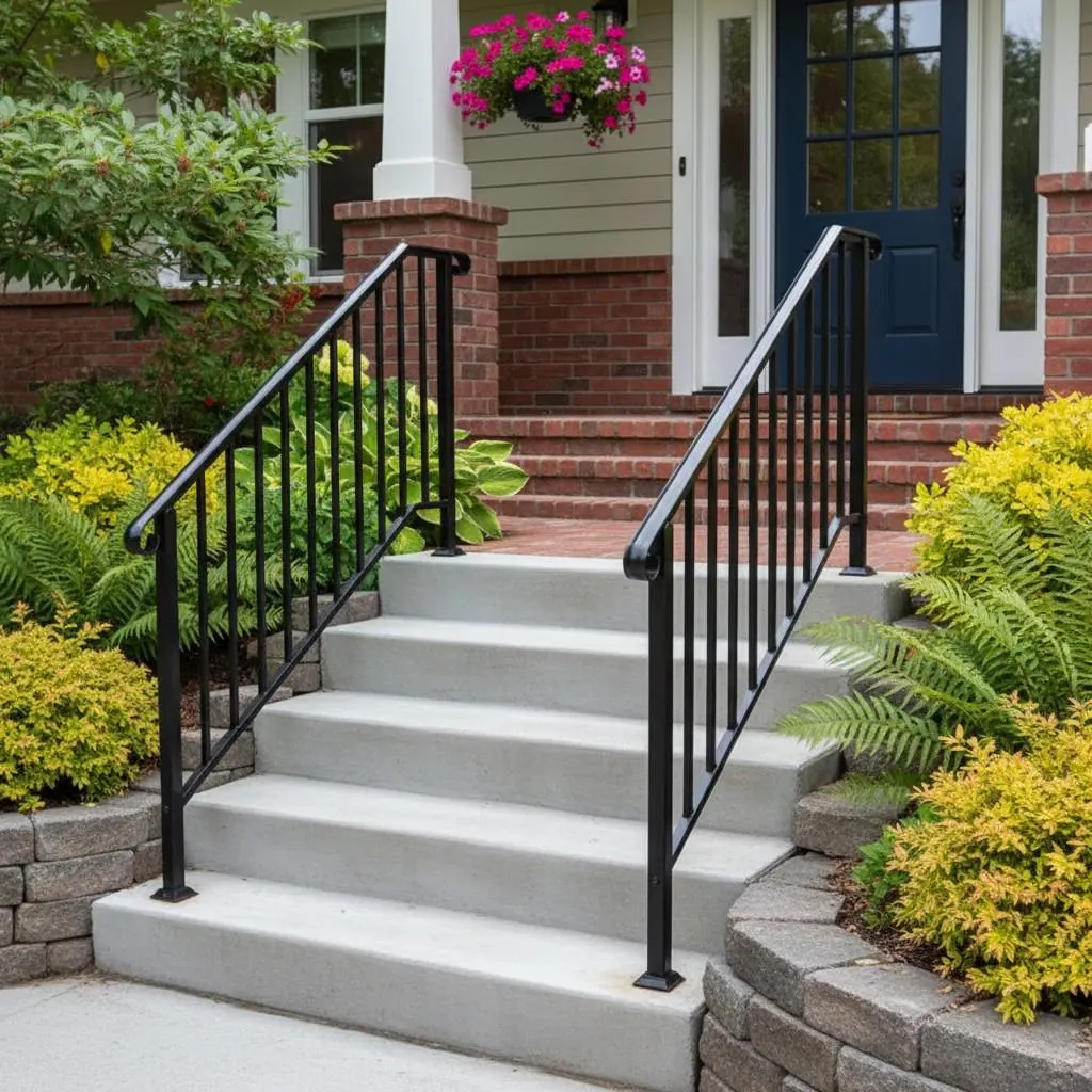 Adjustable black steel handrail installed on outdoor porch steps for home safety