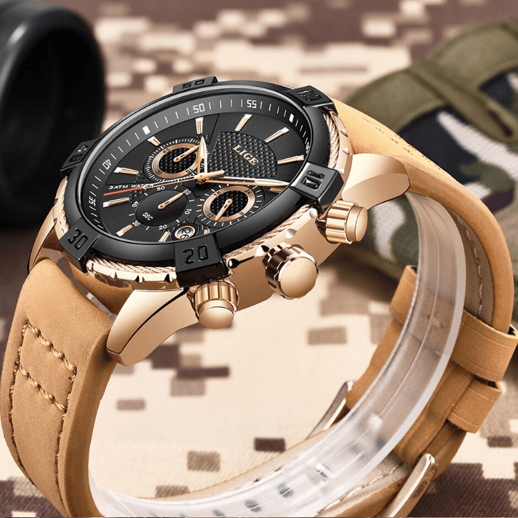 Waterproof Men's Chronograph Watch with Gold Accents and Date
