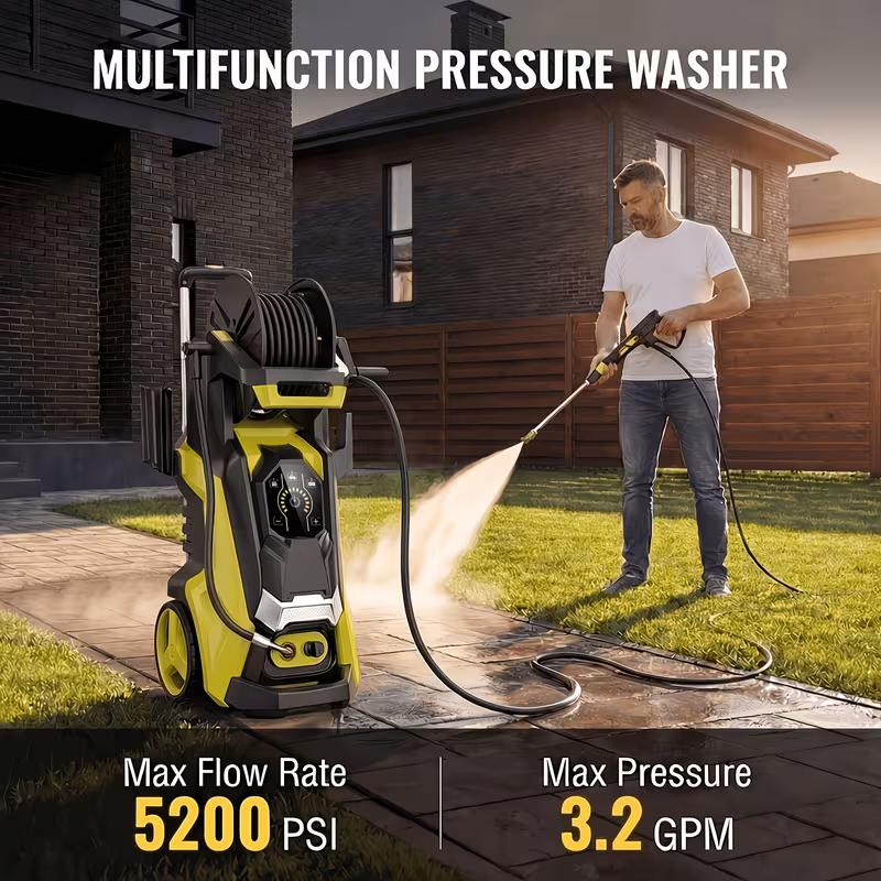 Yellow and black industrial electric pressure washer with hose reel and foam cannon