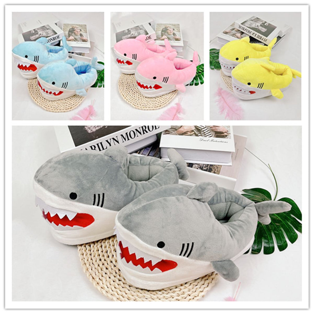 Plush cartoon shark slippers with white teeth, fins, and grey body for women