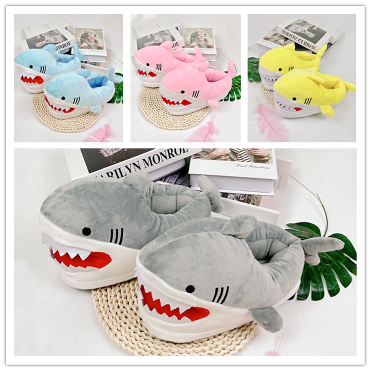 Plush cartoon shark slippers with white teeth, fins, and grey body for women