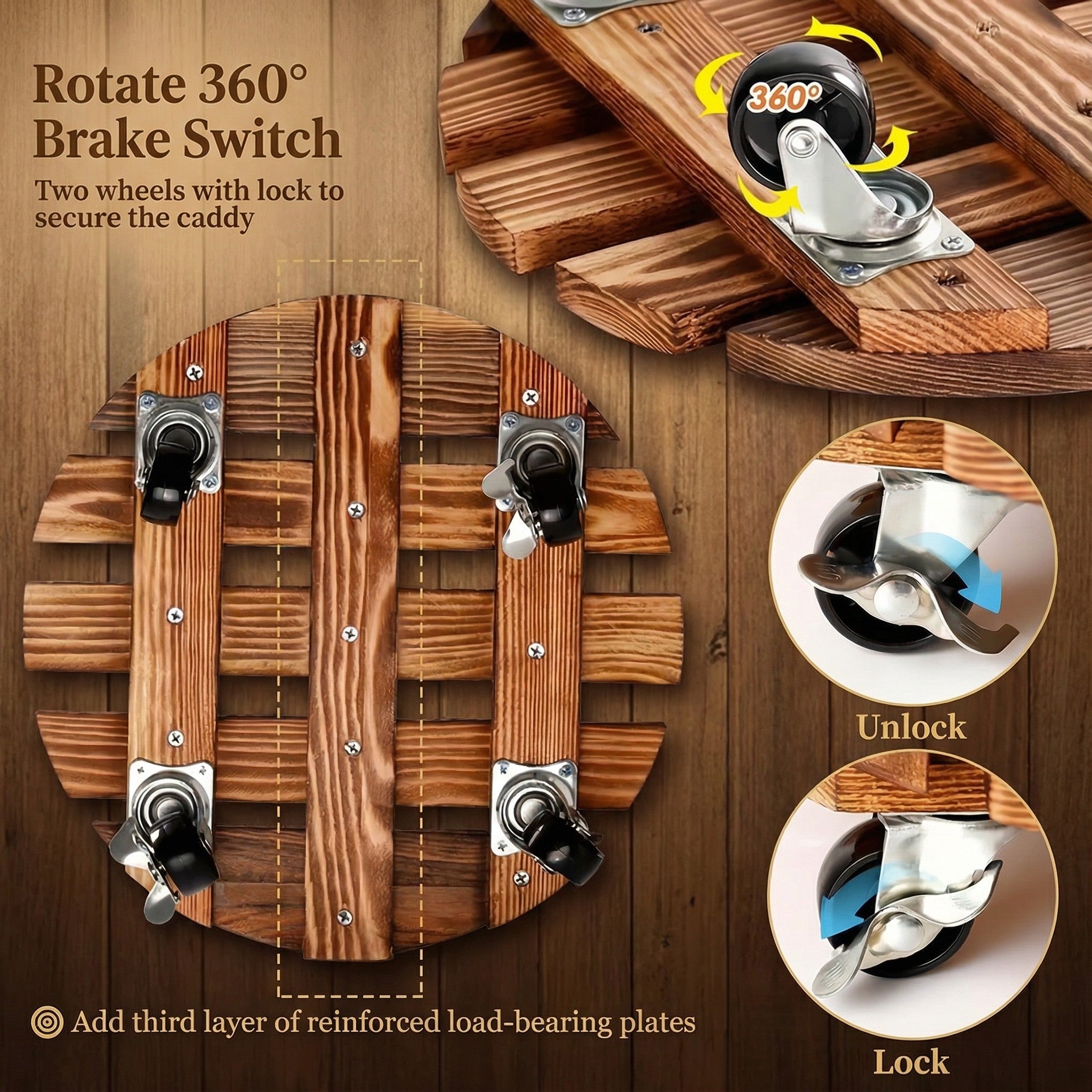 Heavy-Duty Rolling Wood Plant Caddy with Lockable Wheels 2-Pack