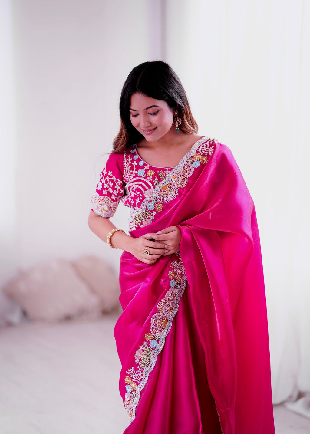 Magenta Jimmy Choo Saree with Sequins and Thread Embroidery Work
