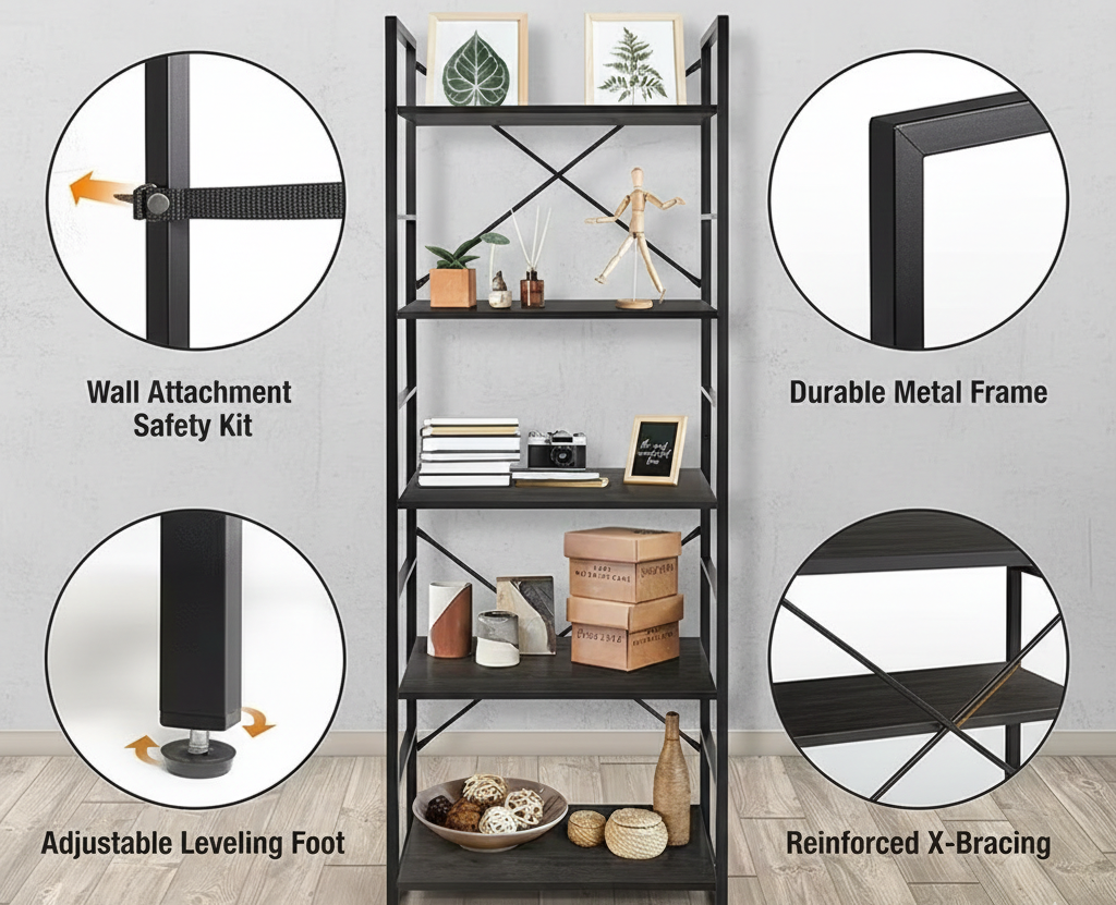 Industrial Metal Bookshelf Minimalist Storage Display Rack