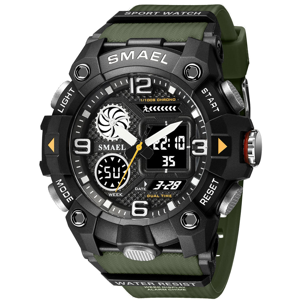 Men's tactical dual-time sport watch in black, gold, and navy colors with chronograph dial.