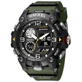 Men's tactical dual-time sport watch in black, gold, and navy colors with chronograph dial.