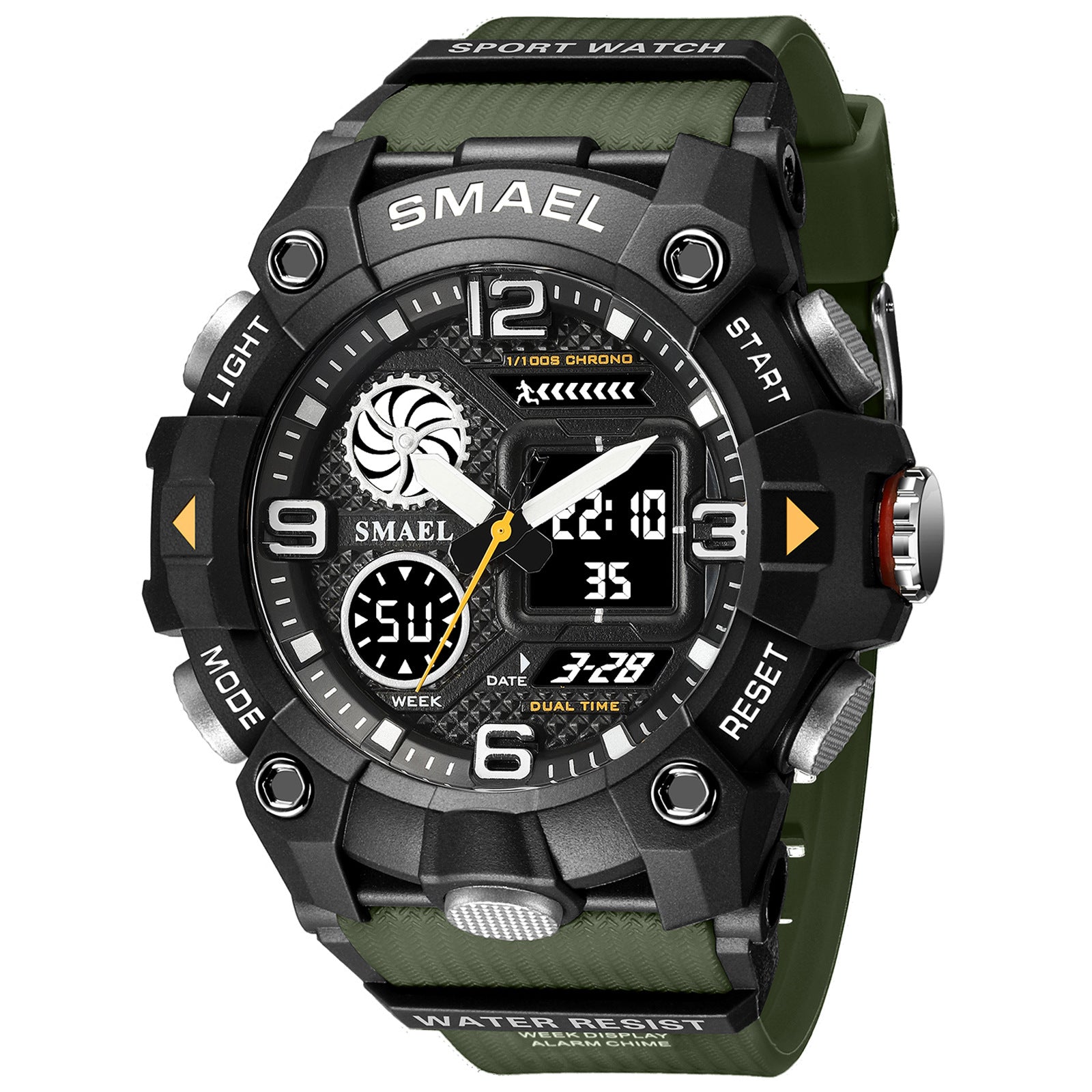 Men's tactical dual-time sport watch in black, gold, and navy colors with chronograph dial.