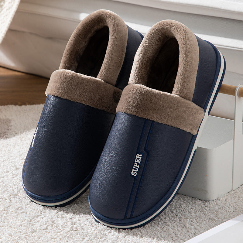 Waterproof Faux Leather Memory Foam Slippers with Plush Warm Lining