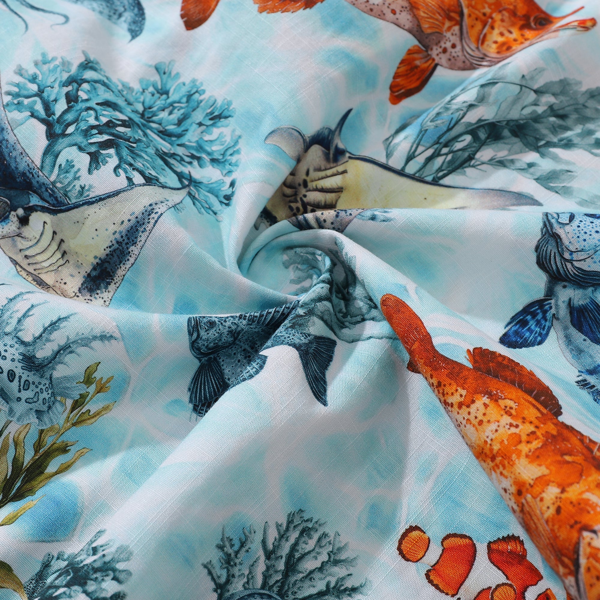 Men's Fish Print Hawaiian Shirt, Coastal Camp Collar Cotton