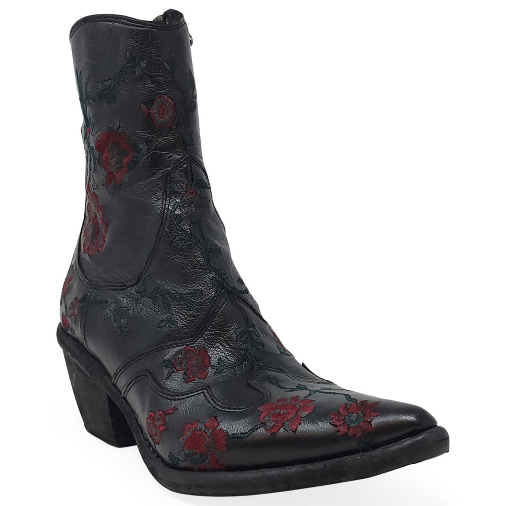 Black Leather Embroidered Ankle Boot
