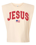 Unisex cream, blue, and red Jesus American flag graphic tank top