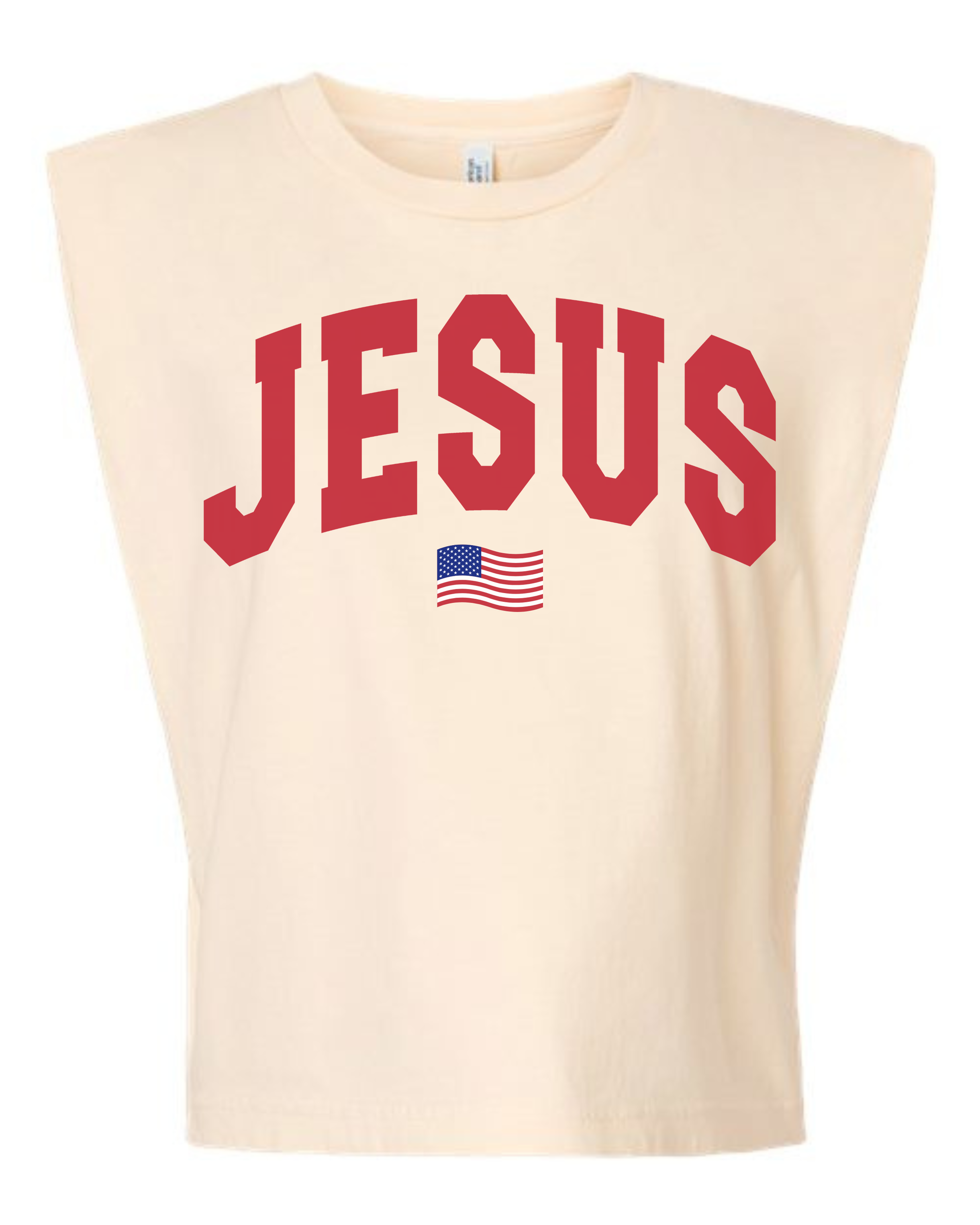 Unisex cream, blue, and red Jesus American flag graphic tank top