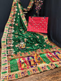 Green Vichitra Silk saree with detailed embroidery and diamond embellishments