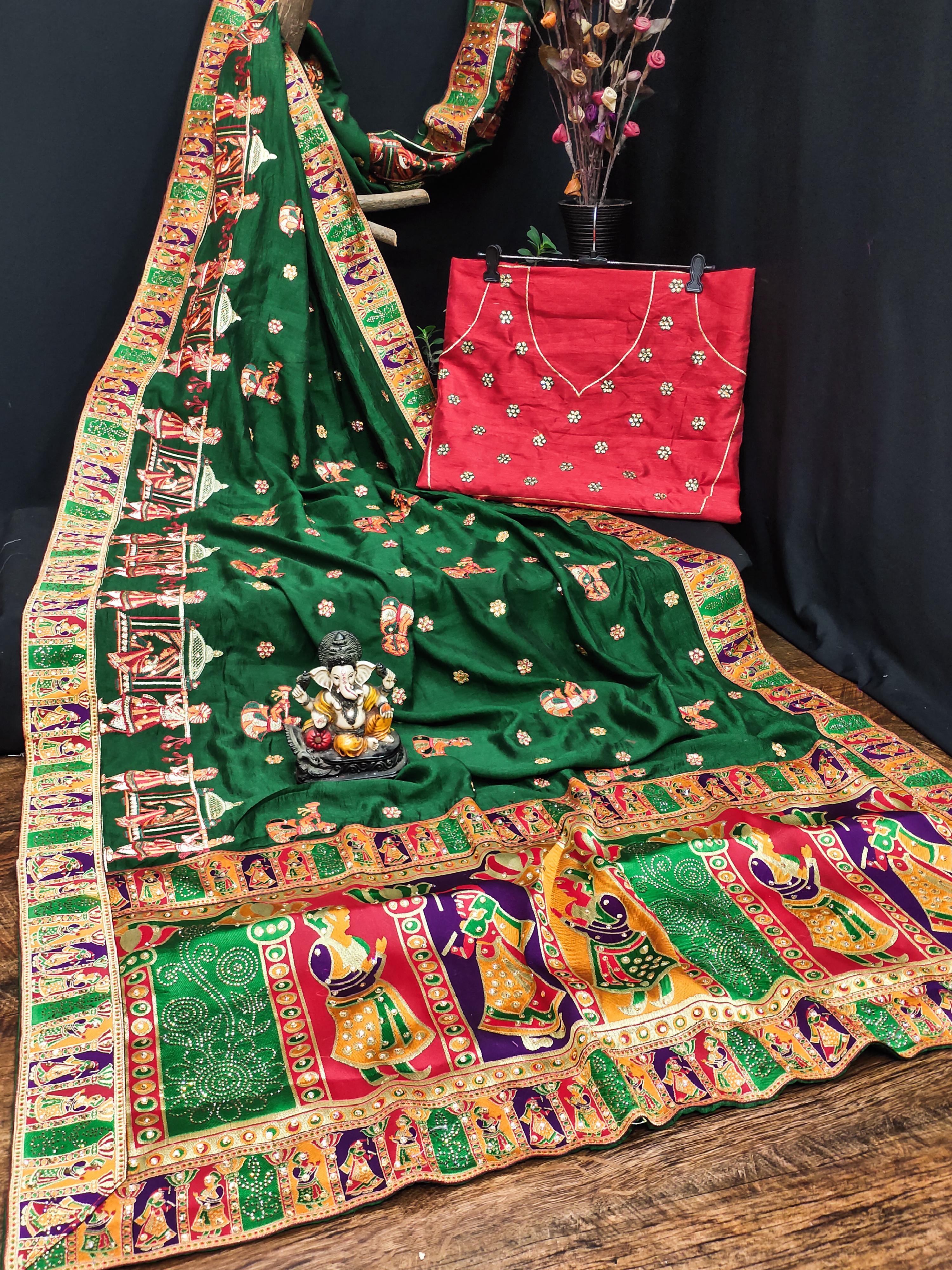Green Vichitra Silk saree with detailed embroidery and diamond embellishments