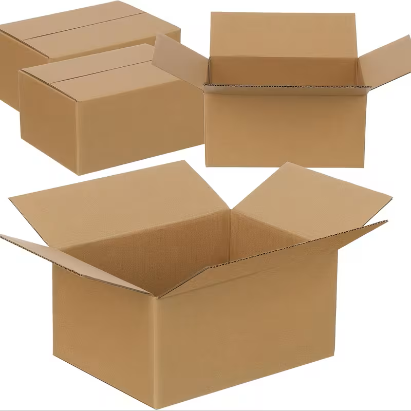 Stack of 9x5x4 inch brown 3-layer corrugated shipping boxes for industrial storage and mailing.