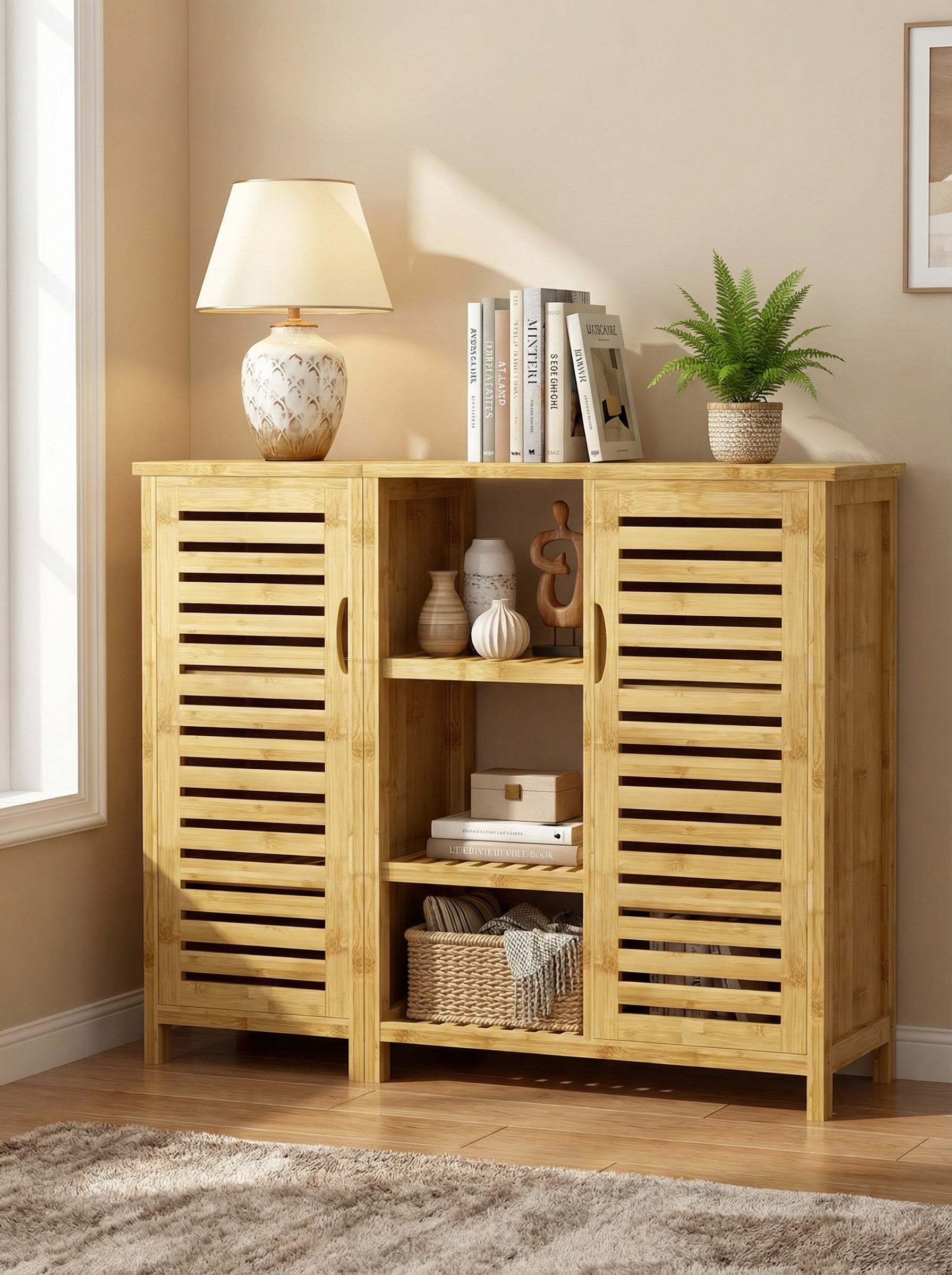 4-Tier Bamboo Floor Cabinet with Doors for Minimalist Storage