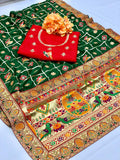 Premium green Vichitra silk saree with intricate embroidery and diamond work