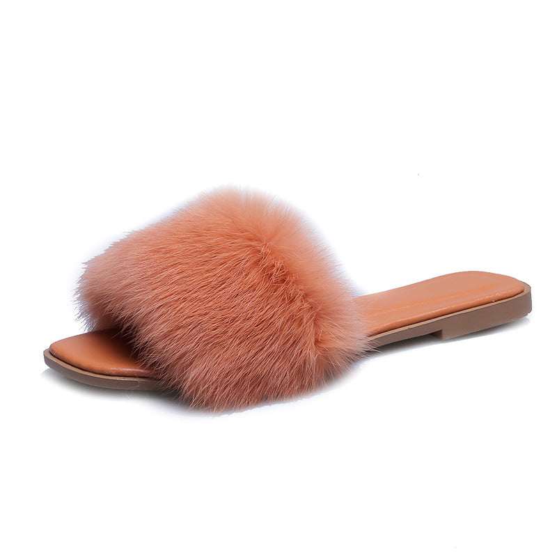 Women’s Faux Fur Slides – Open Toe Fluffy Flat Sandals