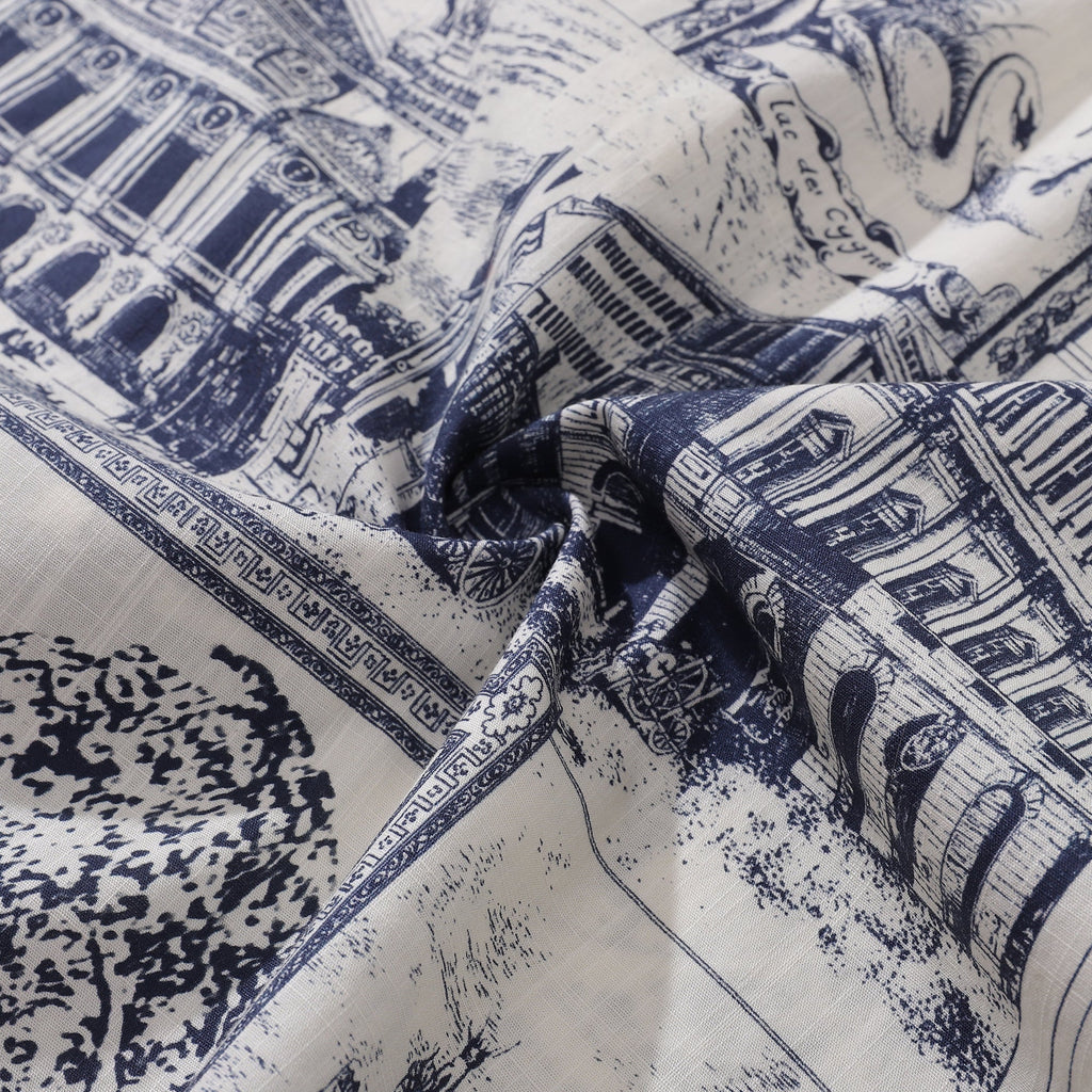 Men's Artistic Blue & White European Scene Cotton Camp Collar Shirt