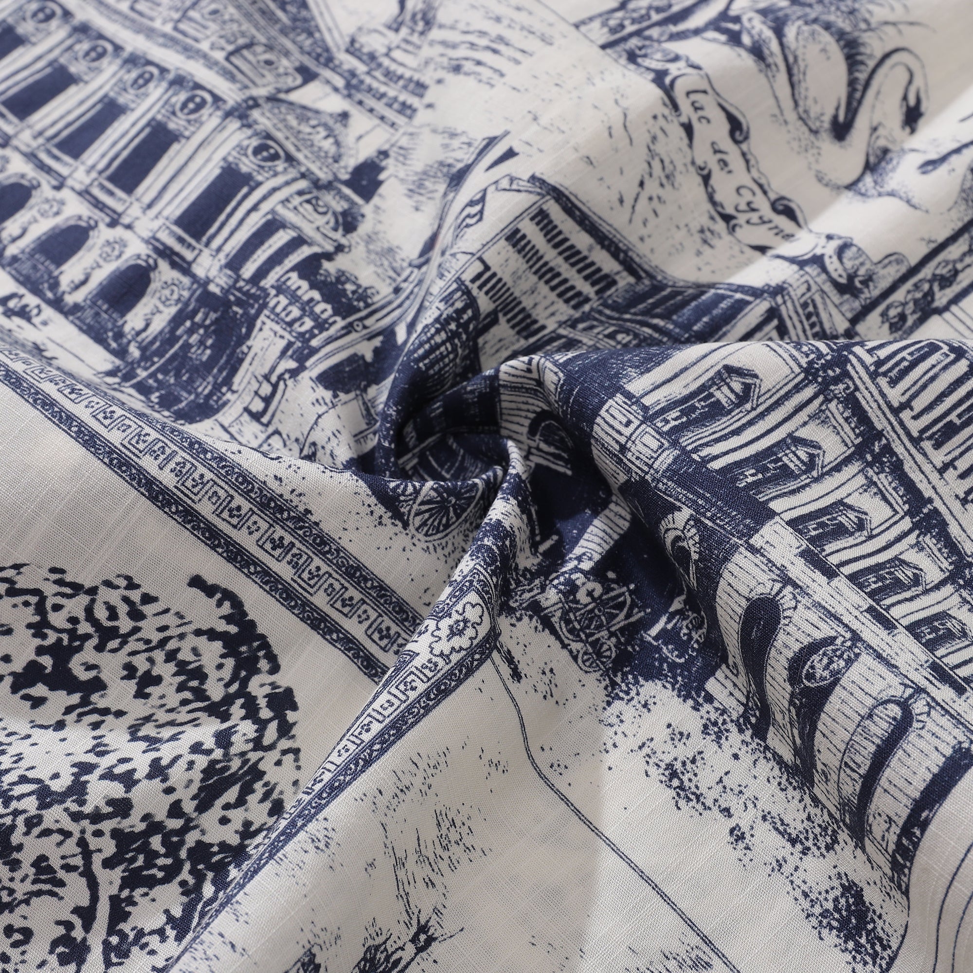 Men's Artistic Blue & White European Scene Cotton Camp Collar Shirt