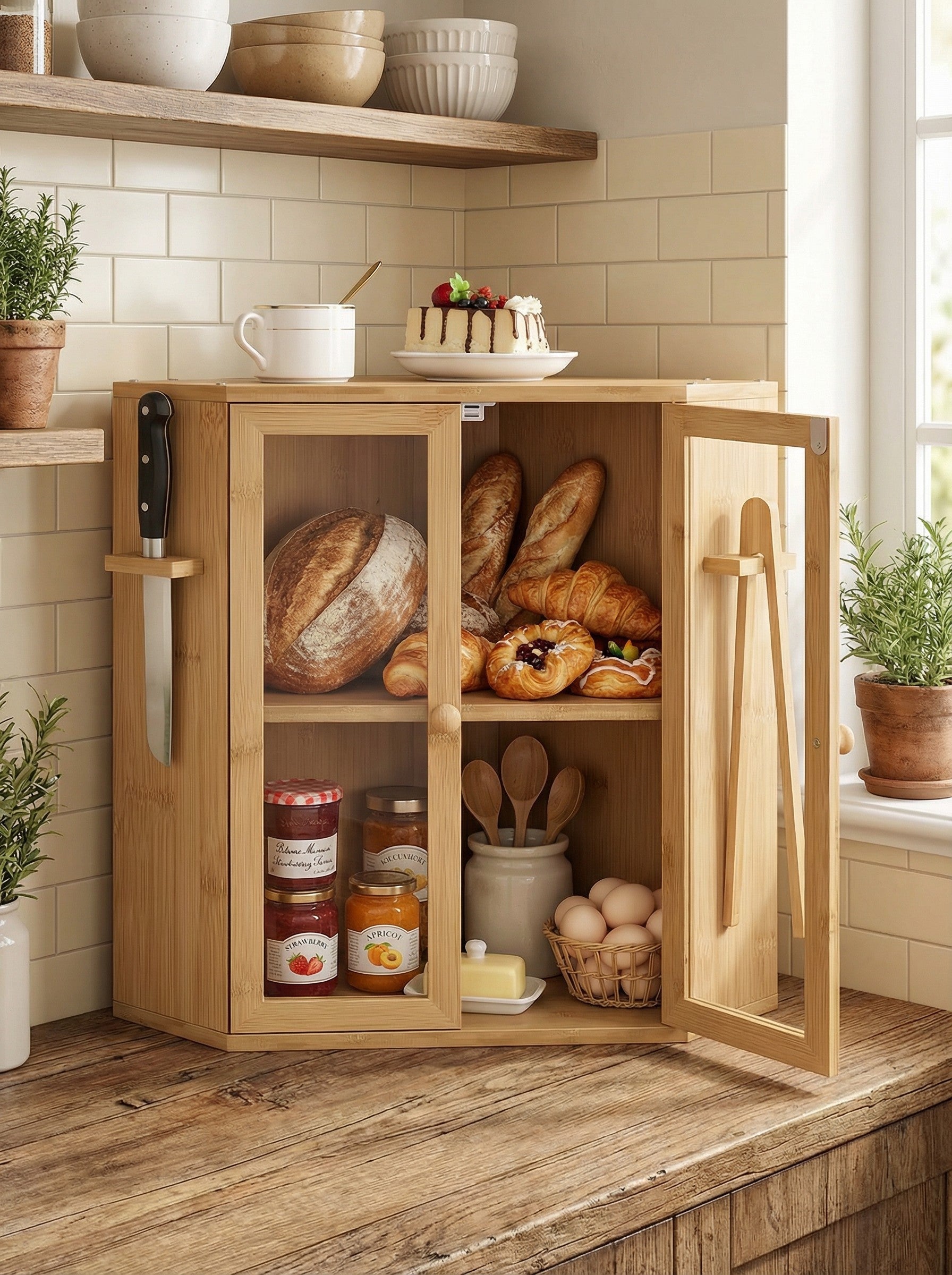 2-Tier Bamboo Bread Box with Clear Doors Kitchen Organizer