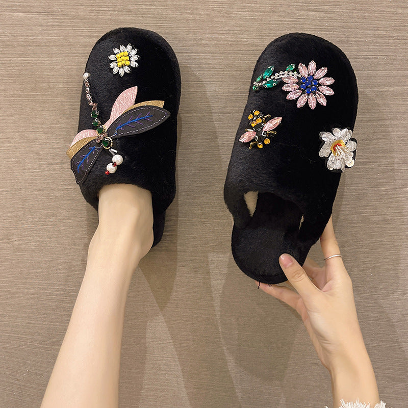 Women's Diamond Faux Fur Memory Foam Indoor Outdoor Slippers