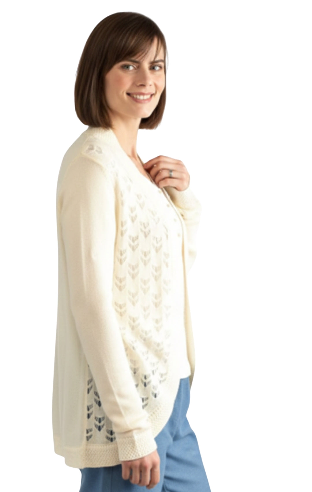 Women's Open Front Pointelle Shrug Curved Hem Knit Cardigan
