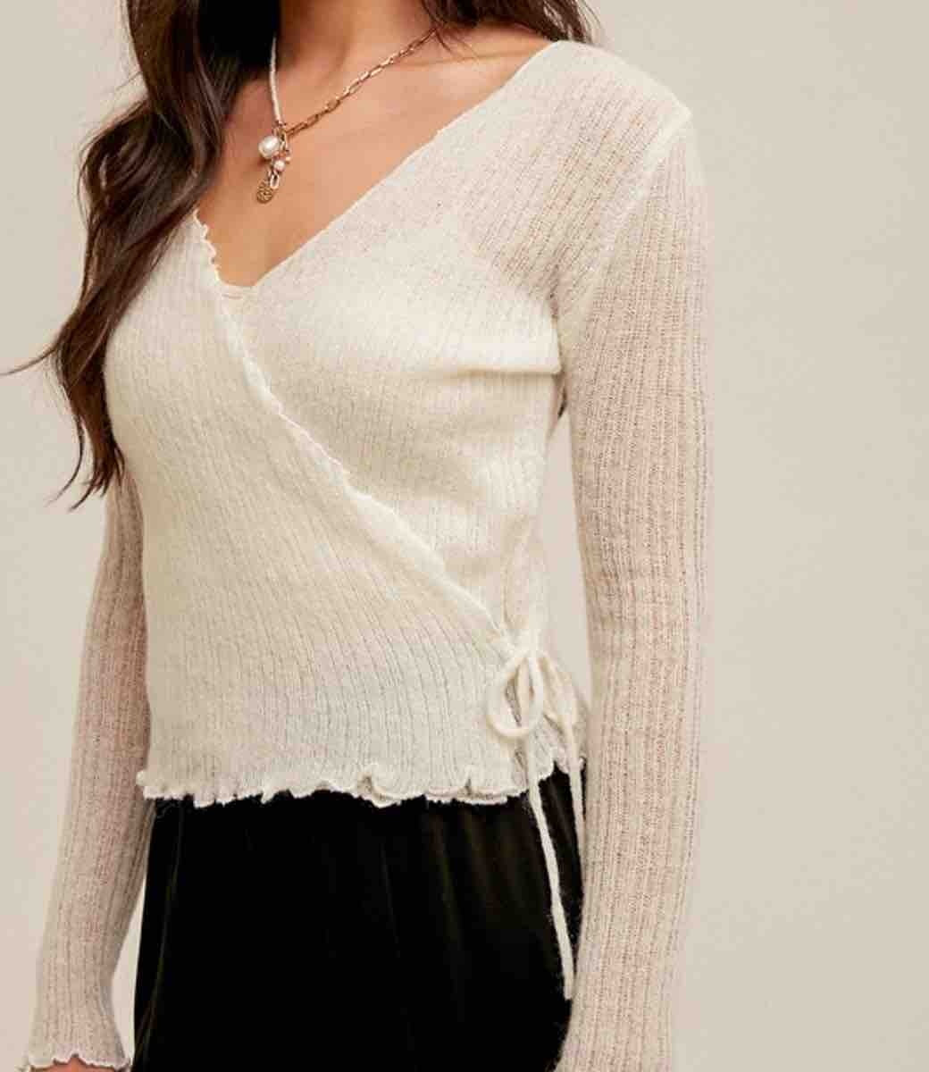 Off White Pointelle Tie Waist Sweater Top - Lightweight Knit
