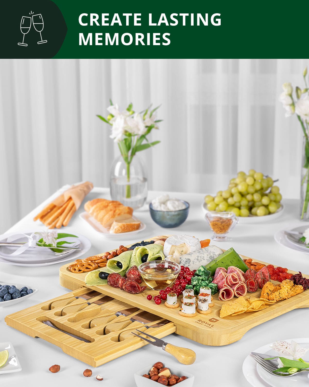 XXL Bamboo Cheese Board with Integrated Cutlery Serving Set - Image 6