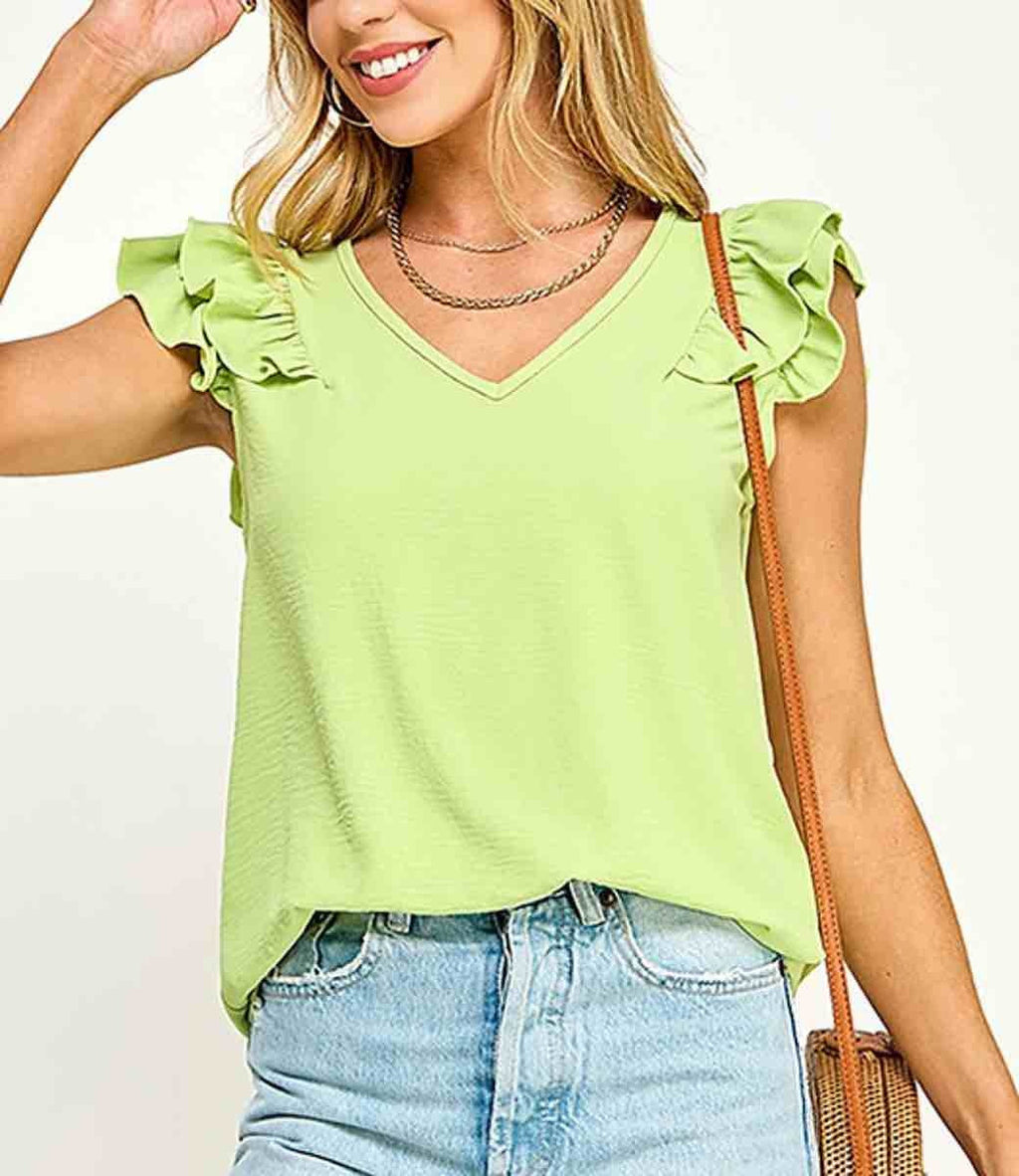 Veronica V Neck Ruffled Top in Lime Green - Relaxed Fit
