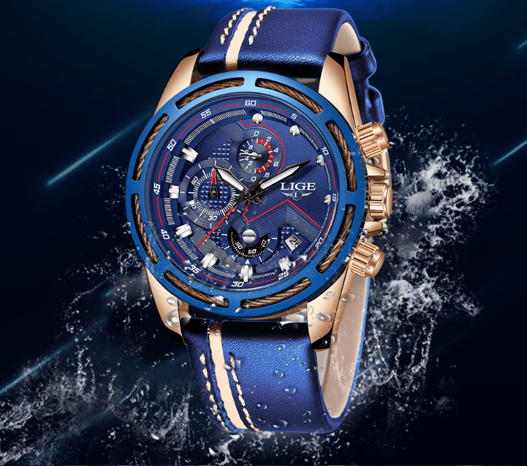 Men's Waterproof Sports Chronograph Watch with Leather Strap